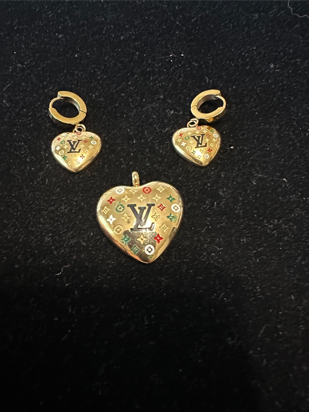 Fashion Inspired Gold Heart Pendant & Matching Earrings with Multicolor Monogram